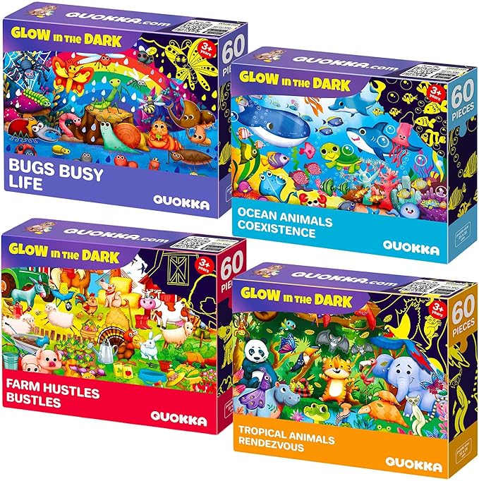 QUOKKA 4x60 Piece Puzzles for Kids Ages 4-6 – Glow-in-The-Dark Puzzles for Kids 4-8 I Farm Bugs Tropical & Ocean Animals I Fun Educational Toddler Puzzle for Boys & Girls – Educational Game Toys Gift