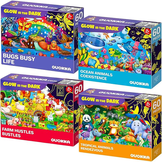 QUOKKA 4x60 Piece Puzzles for Kids Ages 4-6 – Glow-in-The-Dark Puzzles for Kids 4-8 I Farm Bugs Tropical & Ocean Animals I Fun Educational Toddler Puzzle for Boys & Girls – Educational Game Toys Gift