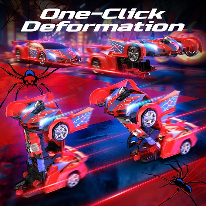 DEERC Spider RC Car Transform Robot, 2.4GHz Remote Control Spider Cars for Kids, 1:18 Scale Robot Toy Car W/One-Key Transformation, 360° Rotation, Auto Mode, Rechargeable Battery, Robot for Man Boys