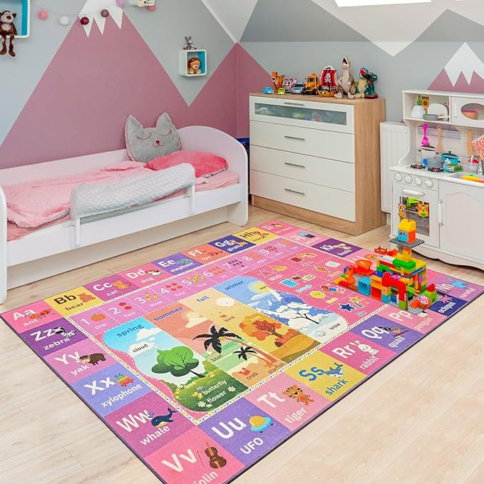 ABC Kids Rug for Playroom, 3x5 Pink Purple Washable Classroom Area Rugs, Toddler Educational Play Mat with Alphabet Numbers Seasons Shapes, Learning Fun for Preschool Children