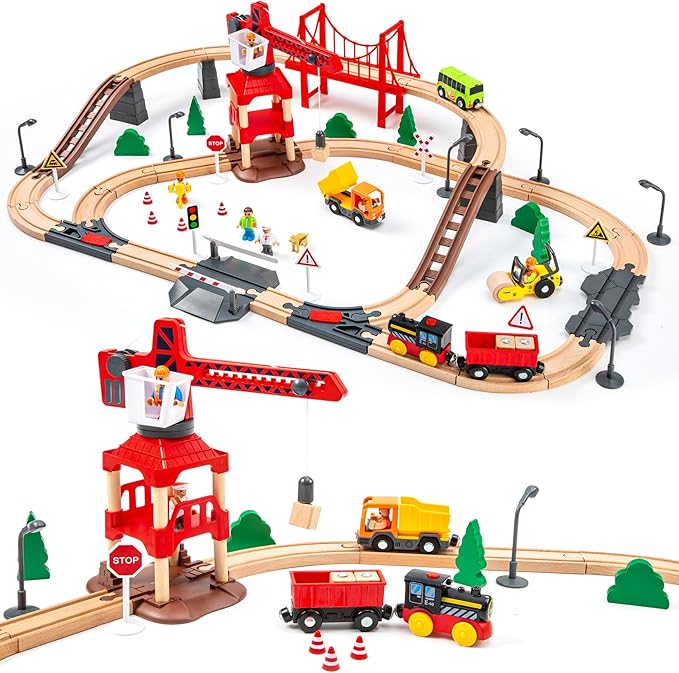 86pcs Wooden Train Set with Crane, Wooden Train Track Set Railway Kits Fits Thomas Brio IKEA Melissa and Doug, Christmas Train Toys for Kids & Toddlers 3-5 Years Old Boys and Girls