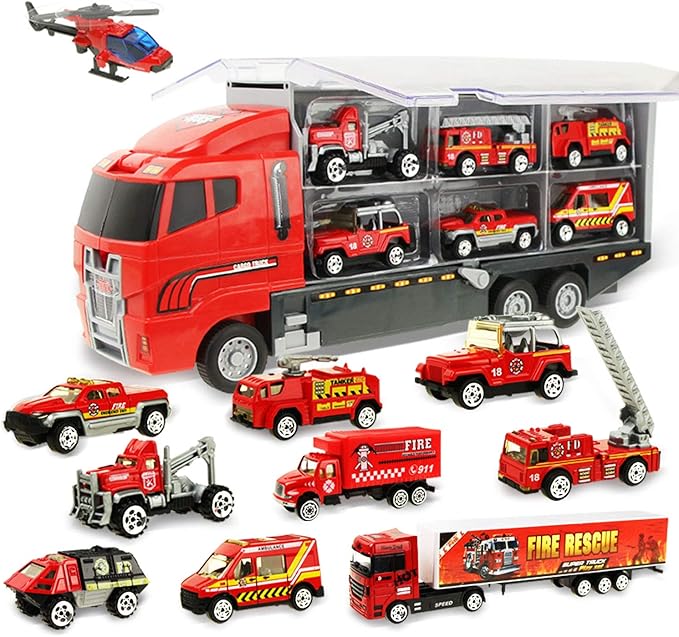 Coolplay Fire Truck Toy Set for Kids, Toy Vehicles Carrier Truck with Die-cast Cars, Rescue Firetruck for Boys 3-6 Years Old