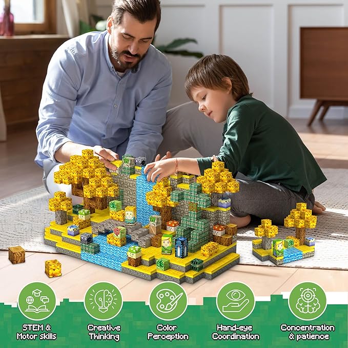 Magnetic Blocks Toys, 100PCS Magnetic Building Blocks Toys Based on Classic Games, STEM Magnets Sensory Toys for Kids, Magnetic Building Blocks Suitable for Boys Girls 4+ (Yellow)