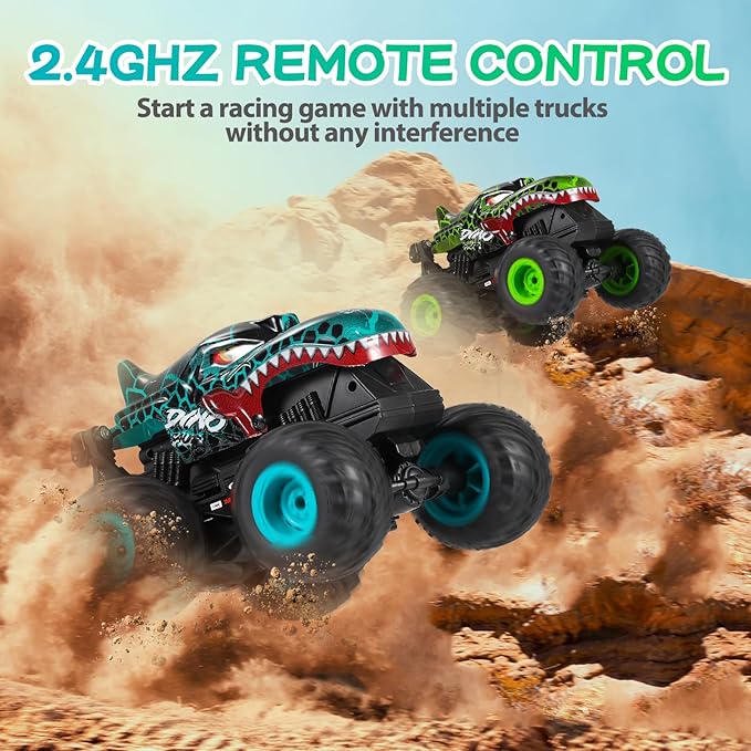 Remote Control Car, 2.4Ghz All Terrain Dinosaur Monster Truck Toys, RC Truck with Music, 3 Lighting Effects, 360 Stunt Capable, All included Ready to Run, Toy Gifts for Boys and Girls (Green)
