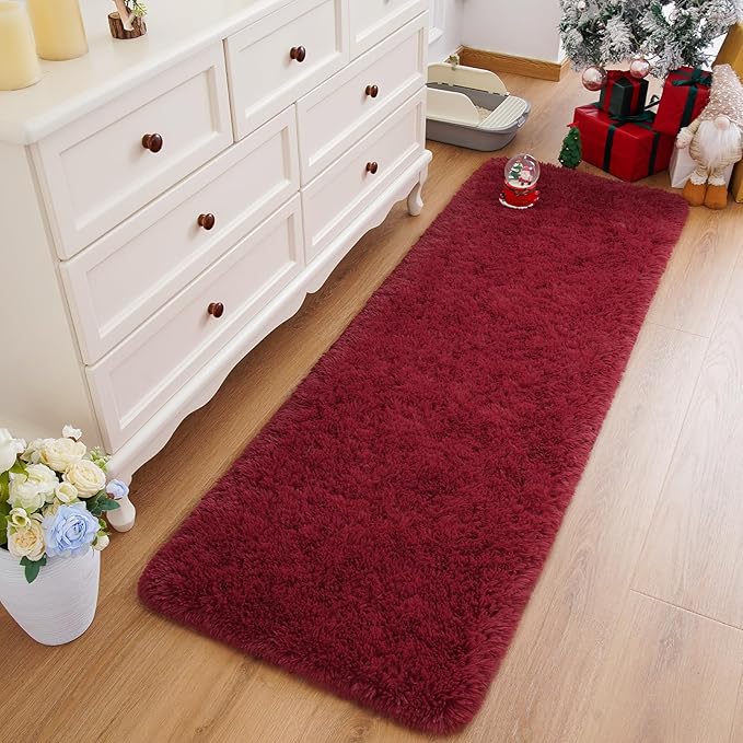 Amearea Shag Fluffy Runner Rug for Bedroom Girls Living Room, 2x6 Feet Extra Soft and Fuzzy Shaggy Rugs, Non Slip, Indoor Floor Long Carpet Mat for Boys Nursery Home Decor, Wine Red
