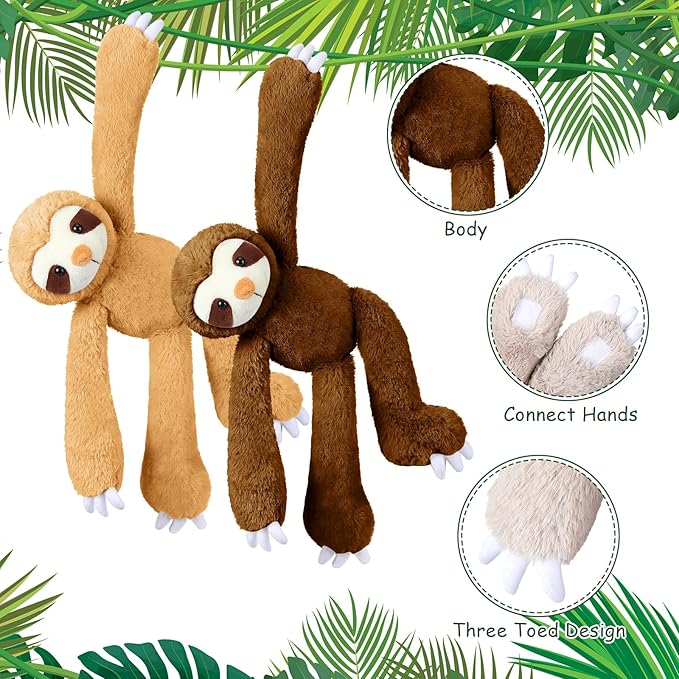 8 Pcs Hanging Sloth Stuffed Animal 18 Inch Three Toed Sloth Plush Toy with Hook and Loop Hands Hanging Sloth Toy for Boy Girl (Grey, Dark Brown, Light Brown)