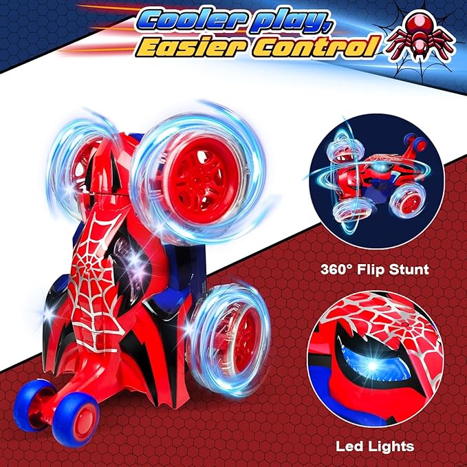 Kids Toys Spider RC Car for Boys 4-7 - Cool Spider Monster Remote Control Crawler Toy 360° Flip Fast Stunt & 4WD Light Up Wheel - Fun Boy Gift Idea for Birthday Chirstmas Stuff Age 3 4 5 6 7 8