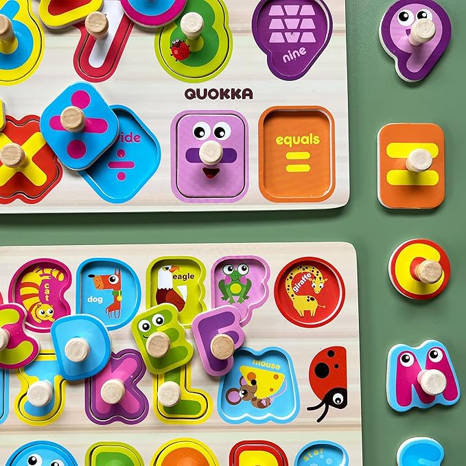 QUOKKA Wooden Puzzles for Toddlers 1-3 - 6XSET Toddler Puzzles Ages 2-4 with Rack - Learning Alphabet - Numbers - Animals Toy Puzzles for Toddlers 3-5 - Wood Games Gift for Boys and Girls