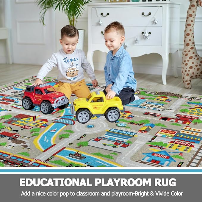 Capslpad Kids Rug 6'6" x 5'0" Educational Learning Kids Play Area Rug Large Traffic Road Cars Play Mat for Kid Toy Nursery Rug Kid Car Carpet for Playroom Living Room Classroom Decor, Tan