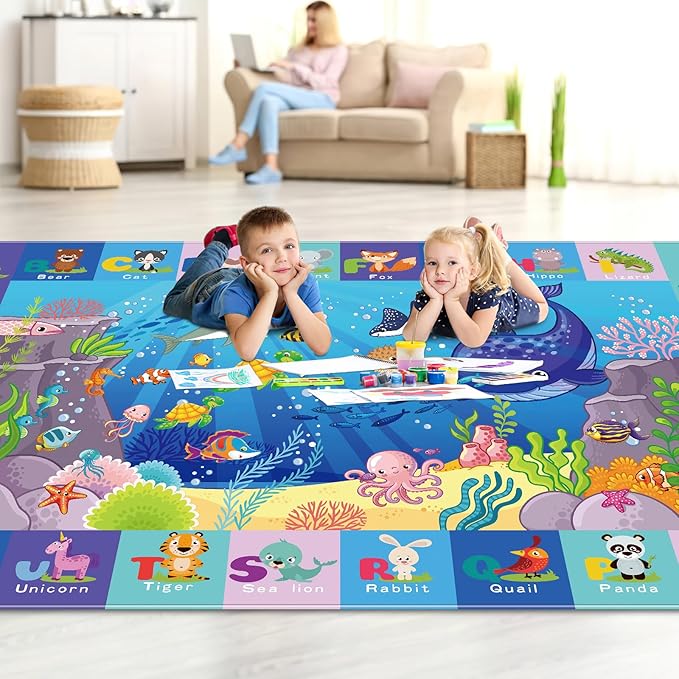 Baby Mat for Floor, Kids Play Rug, Playmat Crawling Tummy Time Mat, Non-Toxic Non-Slip Foldable Rugs Playroom (Sea Animals, 110.2X78.7 INCH) Blue