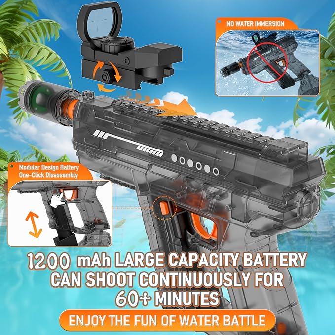 Electric Water Gun for Kids Adults, Transparent Automatic Squirt Gun with 30-32 FT Long Range, Summer Outdoor Beach Swimming Pool Party Toys for Boys Girls Adults (Black)