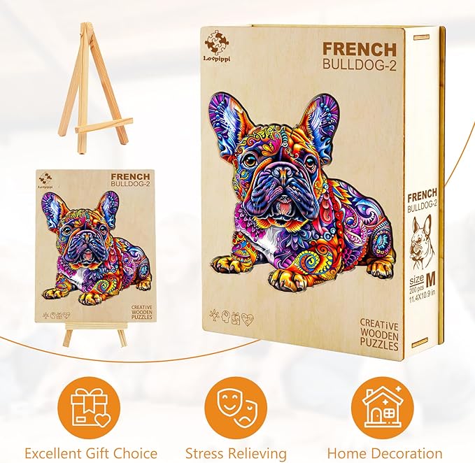 Wooden Puzzles for Adults, Jigsaw Puzzles for Adults Kids, French Bulldog Wooden Puzzle Unique Shaped Wood Puzzles Adult, Birthday Gifts for Friends Family Game (13.4 * 12.8in 250pcs)