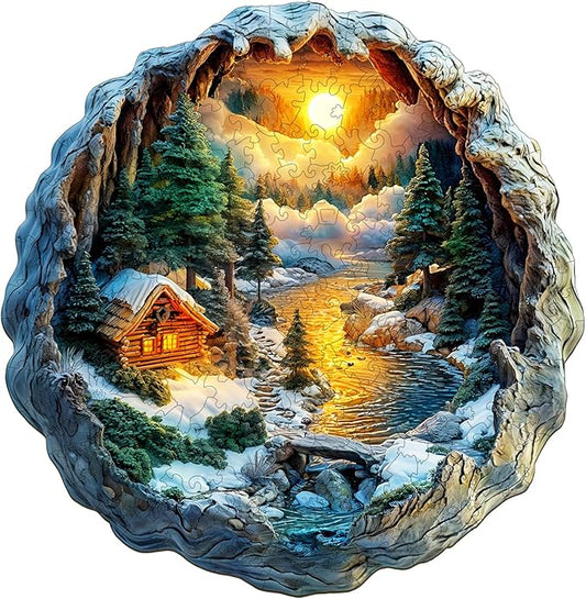 KAAYEE Wooden Puzzles for Adults 200 Pieces Visual 3D Winter Landscape Wooden Jigsaw Puzzles Unique Shaped Wood Puzzle Gifts for Children Father's Day Adults Kids (11.4 * 11.5 in)