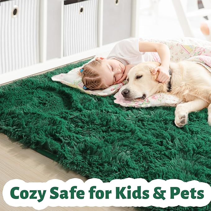 Amdrebio Dark Green Area Rugs for Bedroom Aesthetic, Fluffy Rug for Living Room, Soft Bedside Rugs 4x6 for Kids Room, Teen, Women, Shaggy Throw Rug for Dorm Classroom Office Nursery, Deep Green Carpet
