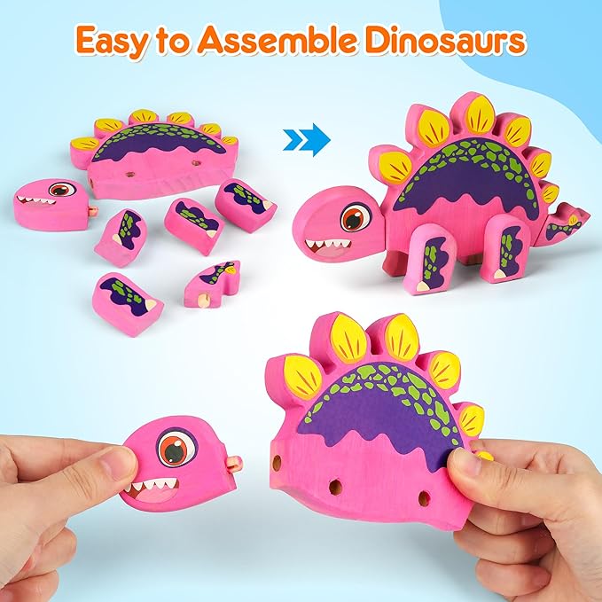 Mocoosy Wooden Dinosaur Painting Art Craft Kit for Kids 3-5, Wood Take Apart Dinosaur Snap Together Building Toy,Build Your Own Dinosaurs with Paint and Stickers STEM Game Creative Gift for Boys Girls