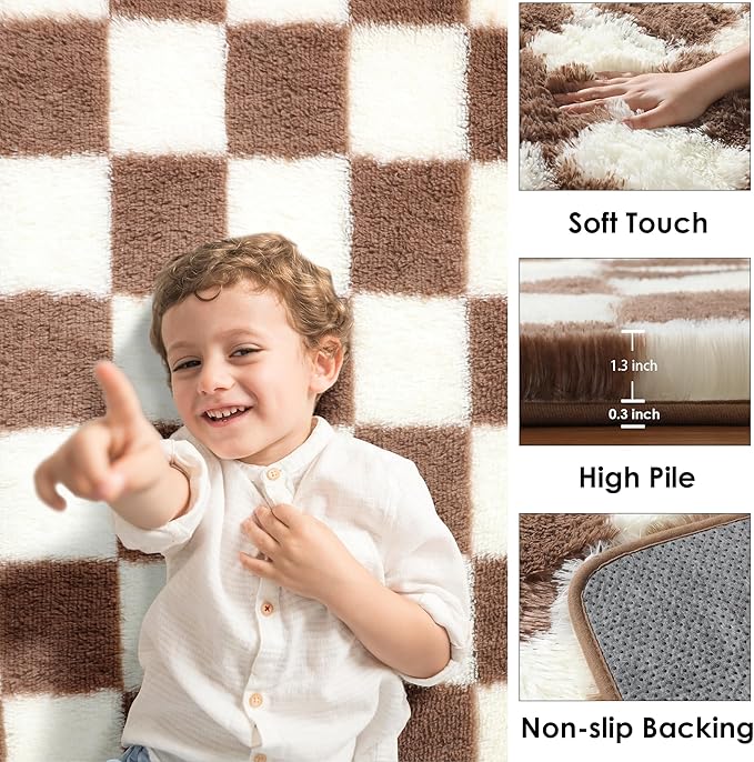 KICMOR Rugs for Living Room 8x10, Large Fluffy Fuzzy Brown and Cream White Checkered Shag Area Rug Shaggy Big Carpets for Bedroom, Soft Plush Floor Rugs for Kids Boys Girls Room Nursery Home Decor