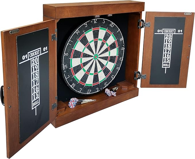Hathaway Farmington 18-in Bristle Dart Board and Cabinet Set – Includes Self Healing Sisal Board, Rotatable Number Ring, Chalk Scoreboards & Steel-Tip Darts - Complete Dart Accessories - Walnut