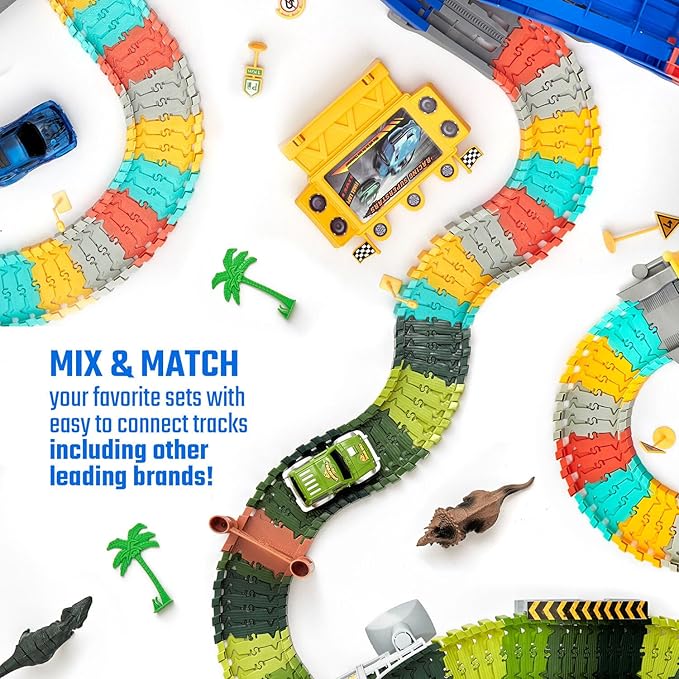 JITTERYGIT Race Track and Dinosaur Track Christmas Bundle Gift, Glow in The Dark Flexible Racing STEM Vehicle Play Set, Magic Racetrack Present for Boys, Girls, Toddler Ages 3 4 5 6 7 8 9 Years Old