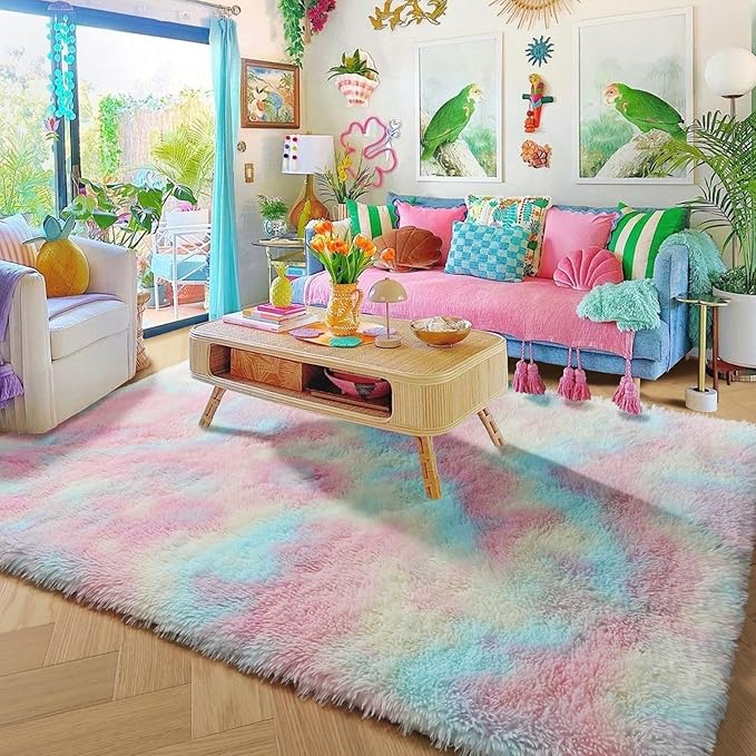 Pink Rainbow Fluffy Kids Rugs for Girls Bedroom, Unicorn Room Decor, Colorful Pastel Shag Area Rugs for Nursery Playroom Classroom, Cute Fuzzy Kawaii Carpet for Baby Toddler Teen, 4x6 Rug Washable