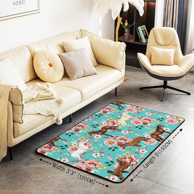 Kids Horse Rug, Chic Retro Floral Area Rug 3x5 for Girls Teens, Galloping Horse Printed Carpet for Living Room, 3D Wild Farm Animal Non Slip Decorative Rug, Green Pink
