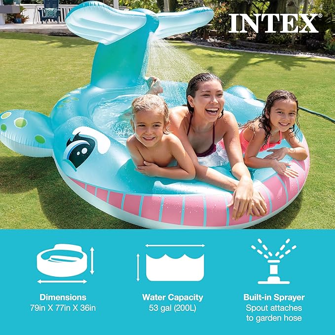 Intex Inflatable Whale Spray Kiddie Pool for Kids 2+, 79" x 77" x 36", 57440EP - Small Blow-Up Splash Pool & Sprinkler, Backyard Toddler Play Center