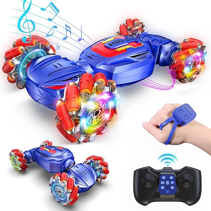 Gesture Sensing RC Stunt Car, Boys Girls Ages 6-12 Birthday Gift Ideas, 4WD Transform Off Road for Rotating Hand-Controlled 2.4Ghz Remote Control Twist Cars with Lights and Music Blue
