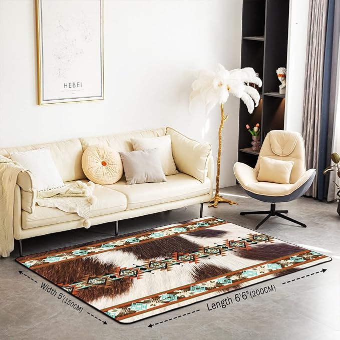 Erosebridal Cowhide Area Rug 5x6'6'', Brown Highland Cow Print Rug, Western Rug Exotic Aztec Carpet for Bedside, Farmhouse Wild Animals Longhorn Skin Cowboys Decorative Rug for Men