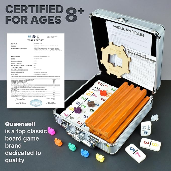 Queensell Mexican Train Dominoes Set with Numbers and 4 Holders - Wooden Hub and Domino Holders - Double 12 with Numbers (D12 Numbers + 4 Holders)