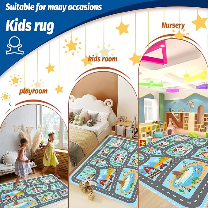 Kids Rug Car Rugs Play mat Carpet for Kids Toy Cars for Playroom Classroom Kids Room, Educational Area Rugs with Non-Slip Road Traffic Floor Rug Mats, Ideal Gift for Nursery Children Boy Girl 4x6ft