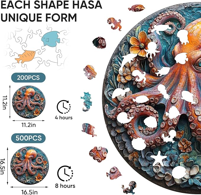 Wooden Puzzles for Adults, 3D Octopus Wooden Jigsaw Puzzles 200 Pieces, Medium, 11.2 in Unique Shape Ocean Wooden Puzzle, Irregular Puzzle Creative for Adults and Kids Family Games