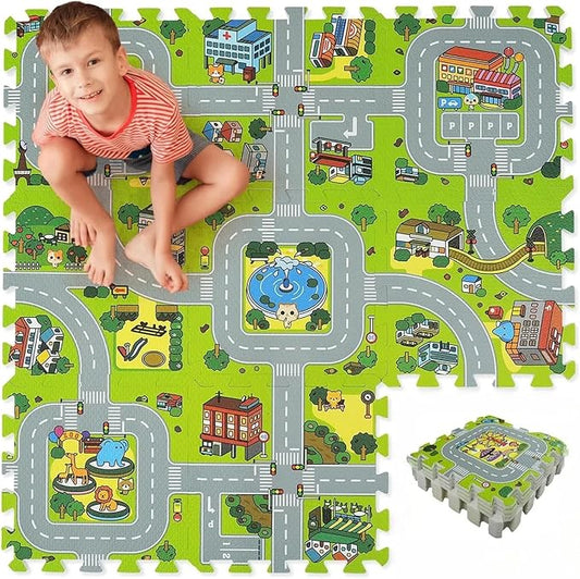Skyweaver Traffic Play mat Puzzle Foam Interlocking Tiles – Kids Road Traffic Play Rug - Children Educational Playmat Rug - Interlocking Foam Tiles City Road Track Puzzle Mat (18Pcs)
