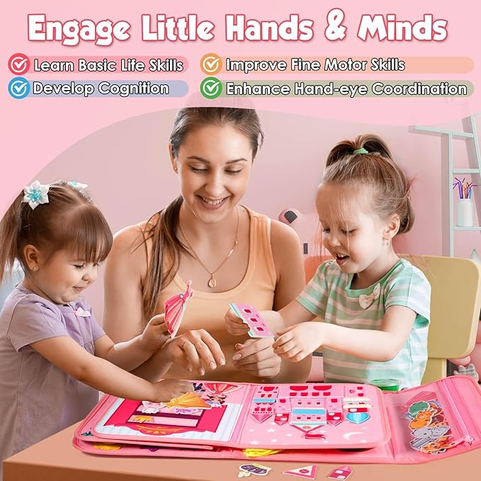 Pink Montessori Busy Board Book for Toddlers 1-3, Montessori Toys for 1-3 Year Old Girl Birthday Gift, Educational Quiet Activity Books for Toddlers 1-3, Airplane Car Travel Toys for Ages 2-4