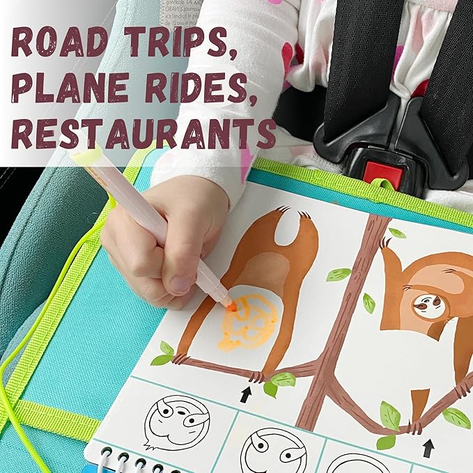 Kids Travel Educational Activity Book with Washable Markers - Car and Airplane Activities, Learning Toys for Toddlers- Reusable Stickers for Ages 4, 5, 6 (Jungle & 2 Extra Books)
