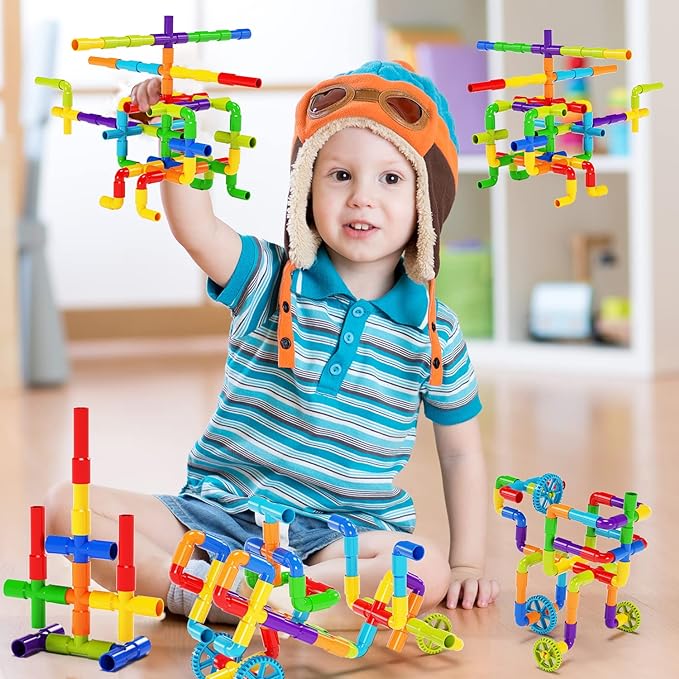 burgkidz STEM Learning Pipe Tube Construction Building Blocks, Sensory Toys with Wheels Baseplate for All Ages Kids Boys Girls, 188 Pcs