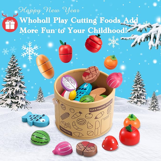 WHOHOLL Wooden Play Food for Kids Kitchen Playset, Play Kitchen Accessories Pretend Cutting Food Montessori Toys for 3+ Year Old with Basket, Toy Food for Fine Motor Skills