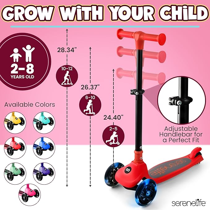 SereneLife 3 Wheel Foldable Kids Scooter - Foldable Seat, LED Wheel Lights, Adjustable Handlebar, Rear Foot Brake, Lean-to-Steer, Anti-Slip Deck, Ideal for Toddlers Kids 3+, up to 110Lbs