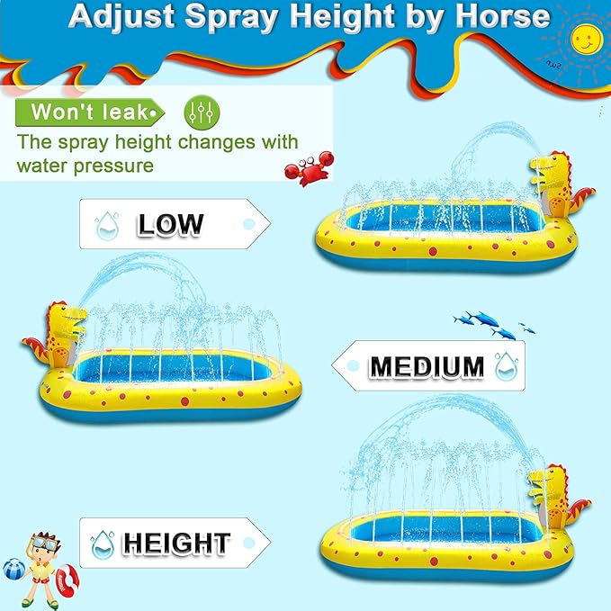 Inflatable Sprinkler Pool for Kids, Cute Dinosaur Kiddie Pool, 3-in-1 Backyard Splash Pad Swimming Outdoor Water Toys for Toddlers