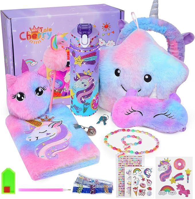 Unicorn Gifts for Girls Age 4 5 6 7 8 9 10, Girls Unicorn Birthday Gifts Set with Light Up Star Pillow Diary Plush DIY Water Bottle Kits Toys