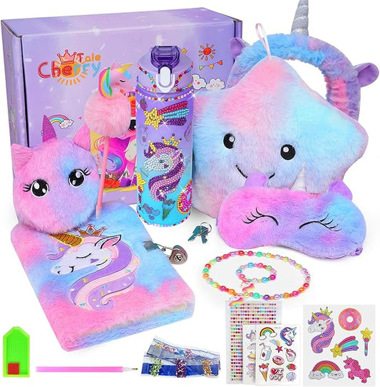 Unicorn Gifts for Girls Age 4 5 6 7 8 9 10, Girls Unicorn Birthday Gifts Set with Light Up Star Pillow Diary Plush DIY Water Bottle Kits Toys