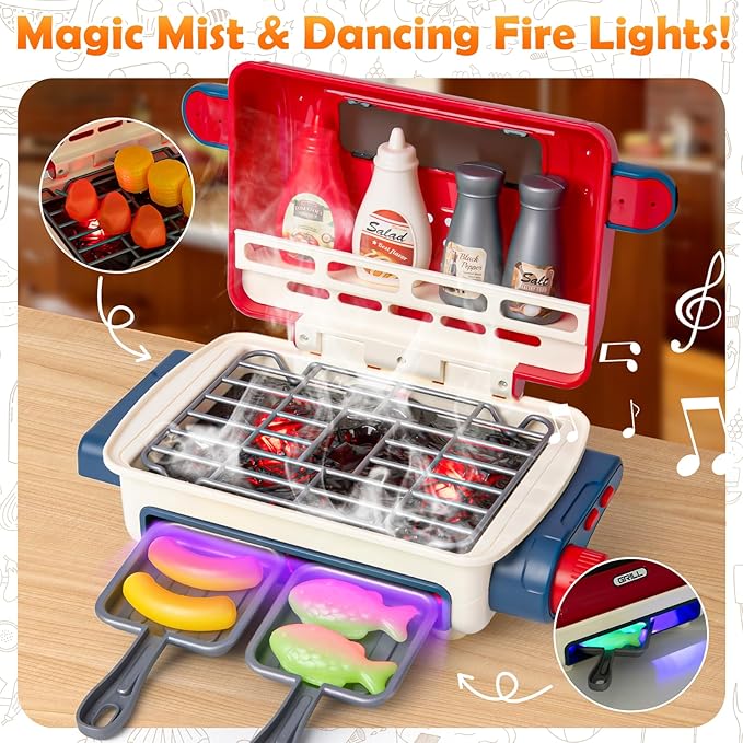 48-Piece Kids BBQ Grill Playset with Lights & Sounds, Spray Food, Role Play Kitchen Accessories, Children's Kitchen Toys, Gift for Boys & Girls Ages 3-6+