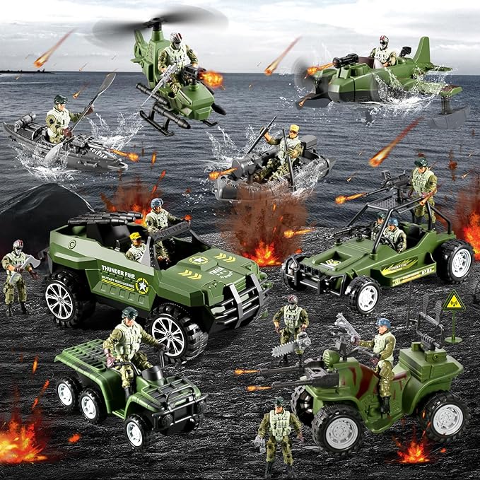 58-in-1 Army Men Toys for Boys 4-7 6-8 8-12, Military Truck/Helicopter/Kayak Boat/Motorcycle/ Army Men Action Figures/Weapon Gears, Army Toys for Boys Kids Birthday Gifts Party Favors
