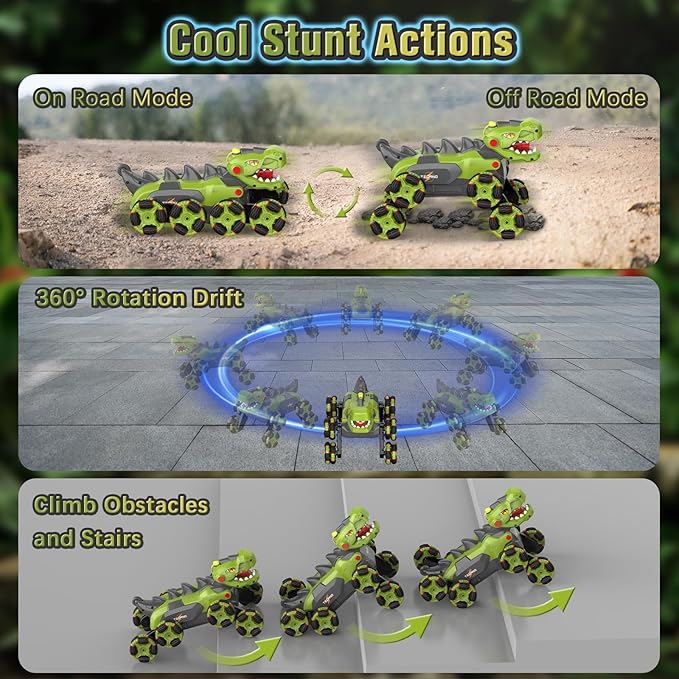 Dinosaur Remote Control Car - 8WD RC Toys for 4 5 6 7 8 Year Old Boys, 2.4Ghz RC Transform Stunt Monster Car with 360°Rotating/Spray/Roar, Birthday Xmas Gifts for Kids Age 4-6 5-7 8-12