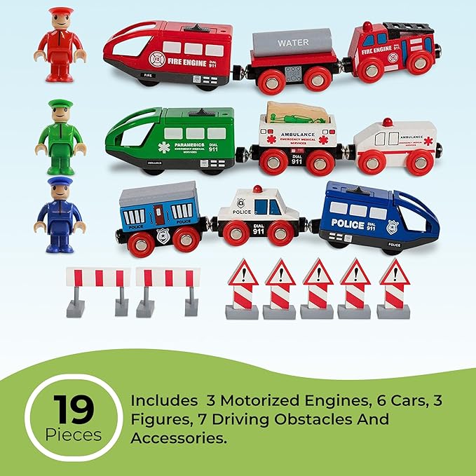 Wooden Train Set for Toddlers Battery Operated Action Rescue Trains with 3 Magnetic Motorized Engines and 6 Cars, Compatible with Thomas, Brio, Melissa and Doug