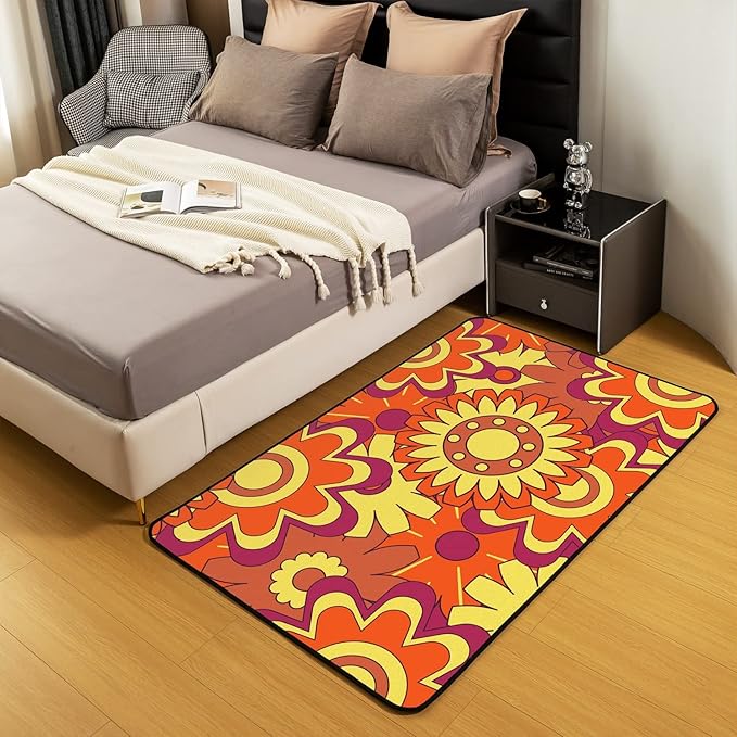 Erosebridal Groovy Decorative Rug 3x5 Retro Hippie Flower Area Rug Aesthetic Psychedelic Floral Carpet for Kids Girls Boys,Boho Natural Garden Botanical 60S 70S Non Slip Rug
