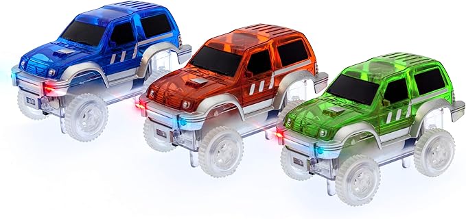 PicassoTiles 3 pcs Magnetic Toy Car Set Light Up LED Highly Detailed Compatible with Magnet Race Track STEM Truck Replacement Accessories Educational Building Kits for Toddlers Boys & Girls Ages 3+