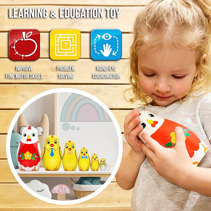 AEVVV Chicken Nesting Dolls Set of 7 Pcs - Matryoshka Russian Doll - Chicken Decor - Easter Nesting Dolls