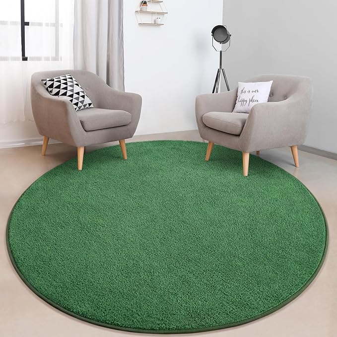 FlyDOIT Round Area Rugs for Bedroom Living Room, 4x4 Green Super Soft Comfy Thickened Memory-Foam Indoor Circle Carpets, Modern Aesthetic Minimalist Carpet for Boys Girls Adults Nursery Home Décor