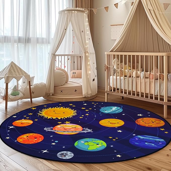 Round Space Rug for Kids Room Solar System Circle Rugs for Bedroom Kids Rugs for Playroom Boys Space Planet Theme Rug Living Room Dining Room Decor 40x40 inch