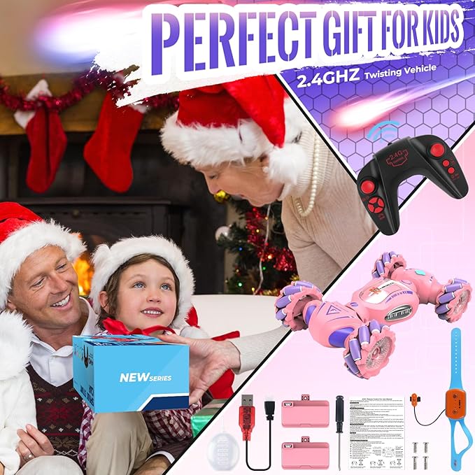 Pink Remote Control Car Toys Gifts for Girls 6-12, with Light & Music & Spray, 2.4Ghz 4WD Double-Sided 360° Rotating Gesture Sensing RC Stunt Car, Birthday for Girls Kids