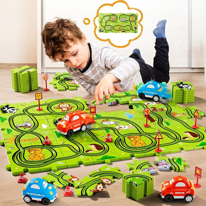 48 PCS Puzzle Race Track Car Set Toys for Kids Boys, Puzzle Tracks Car for Boys Ages 3-5 4-6, Toddler Toys Gifts for 3 4 5 Year Old Boys, Ideal 3 4 5 6 Year Old Birthday Gifts